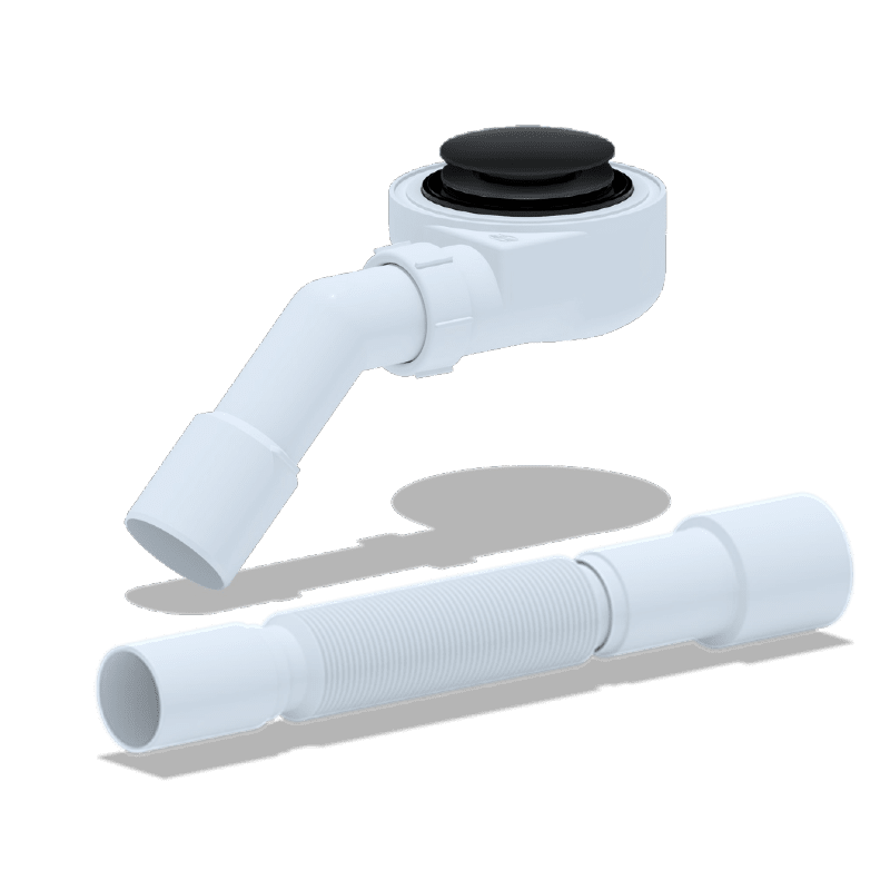 Sifon tip butoi pentru cadite dus, ventil negru, actionare click-clack dop mare , iesire 1 1/2'', cu racord flexibil Ø40/50 mm si cot 45º Ø40/50 mm - imagine 1